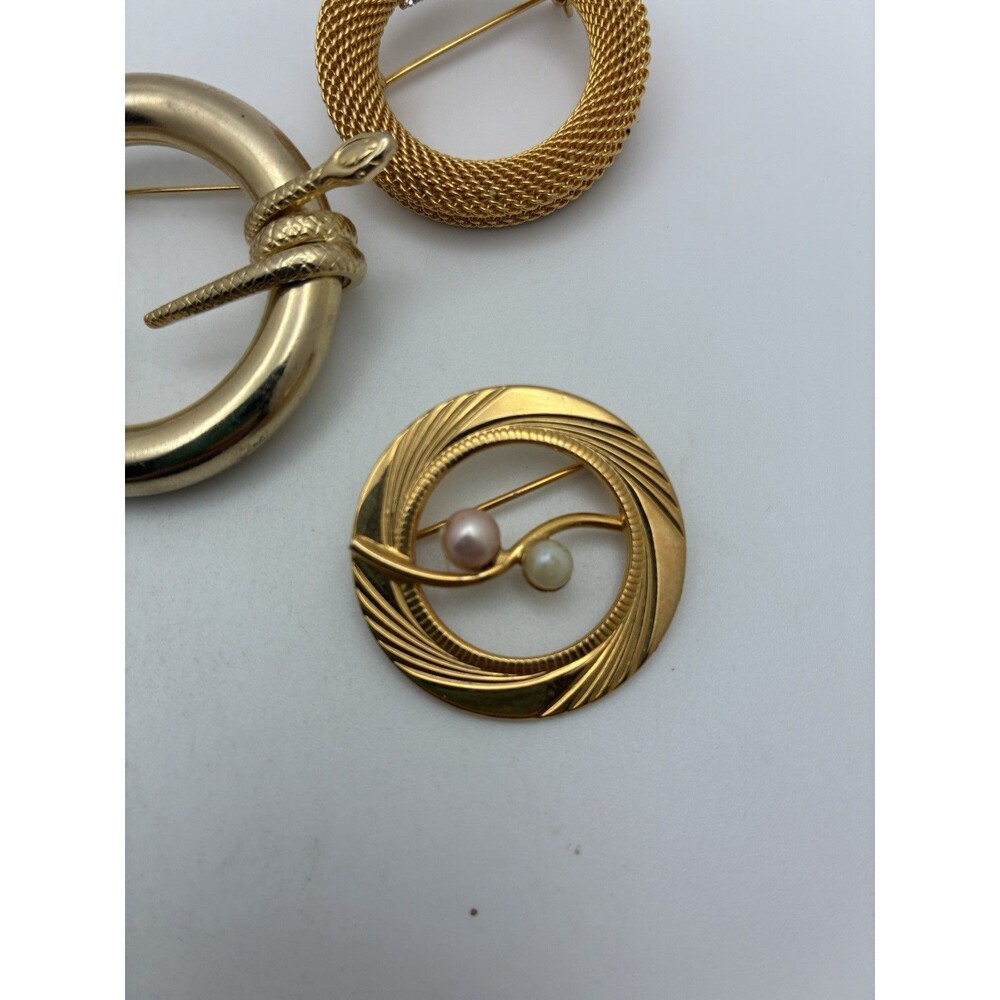 5 Brooch Lot Gold Tone Round Vintage Unsigned Snake Flower Pearl Leaf Wreath - Picture 5 of 14